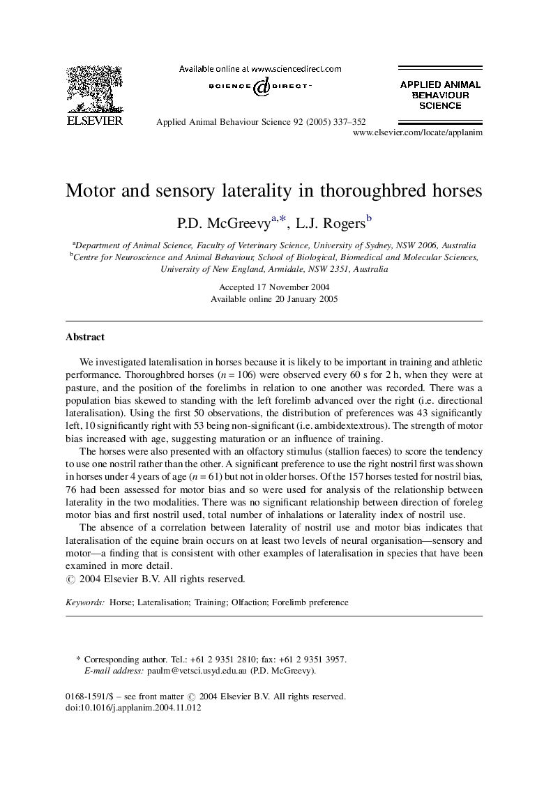 Motor and sensory laterality in thoroughbred horses