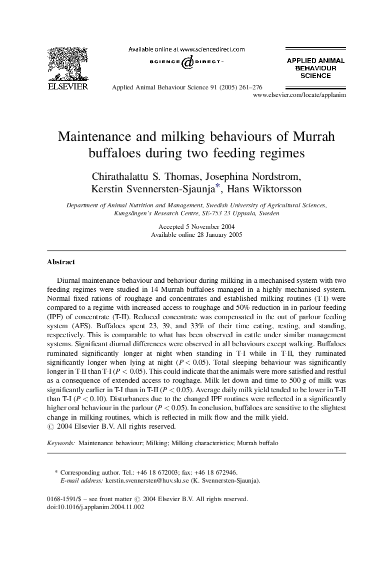 Maintenance and milking behaviours of Murrah buffaloes during two feeding regimes