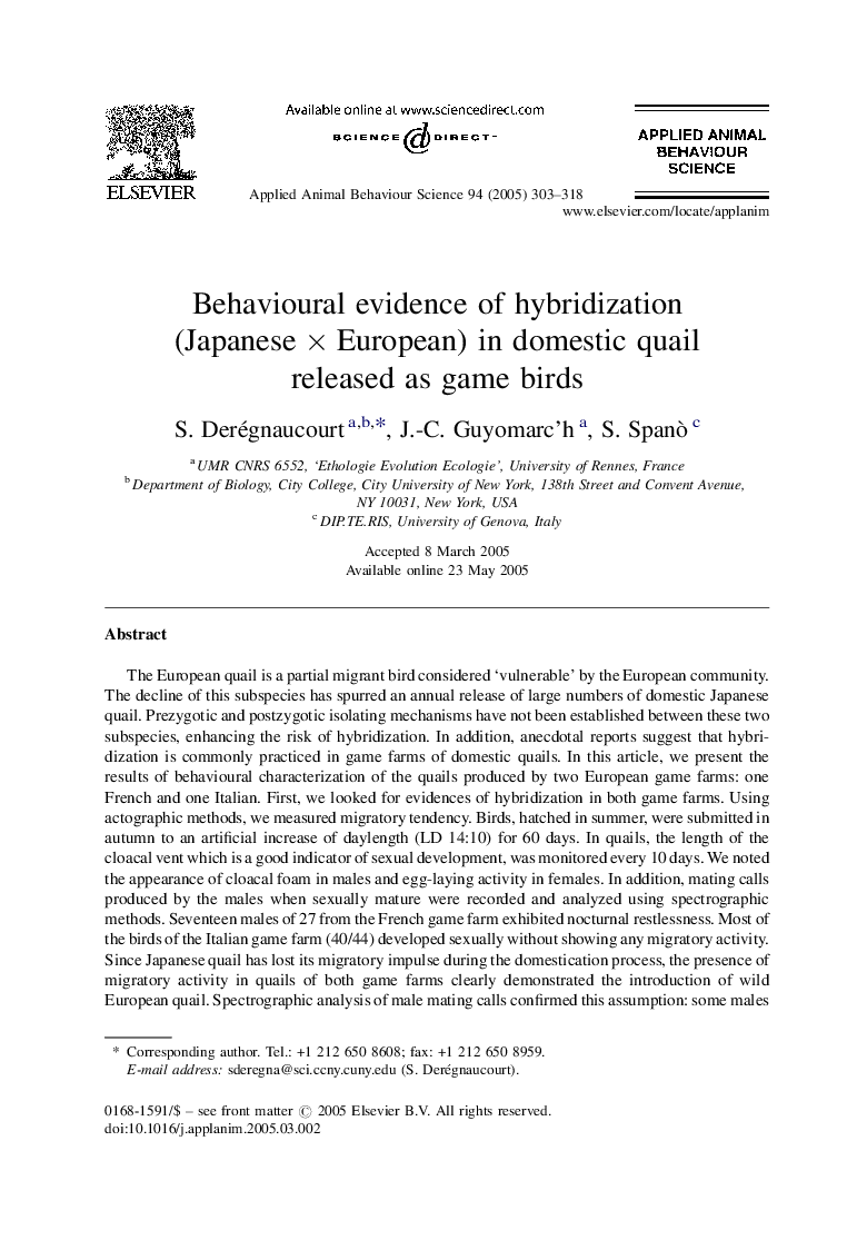 Behavioural evidence of hybridization (JapaneseÂ ÃÂ European) in domestic quail released as game birds