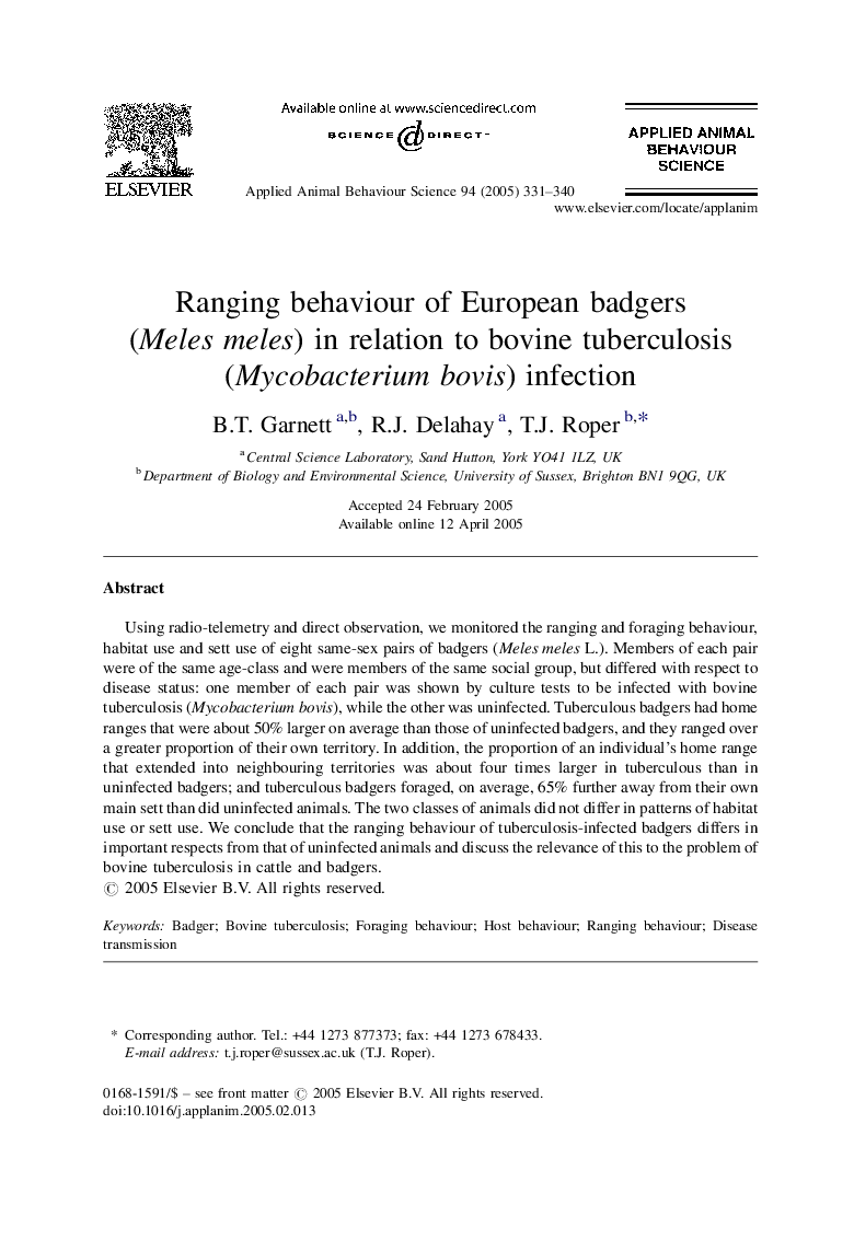 Ranging behaviour of European badgers (Meles meles) in relation to bovine tuberculosis (Mycobacterium bovis) infection