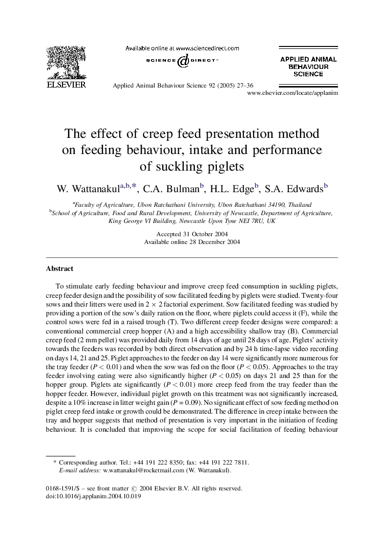 The effect of creep feed presentation method on feeding behaviour, intake and performance of suckling piglets