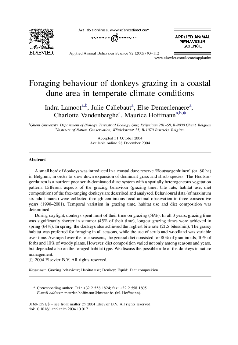 Foraging behaviour of donkeys grazing in a coastal dune area in temperate climate conditions