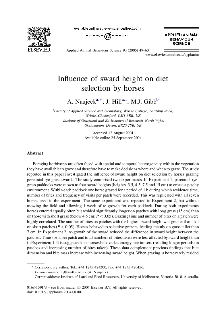 Influence of sward height on diet selection by horses