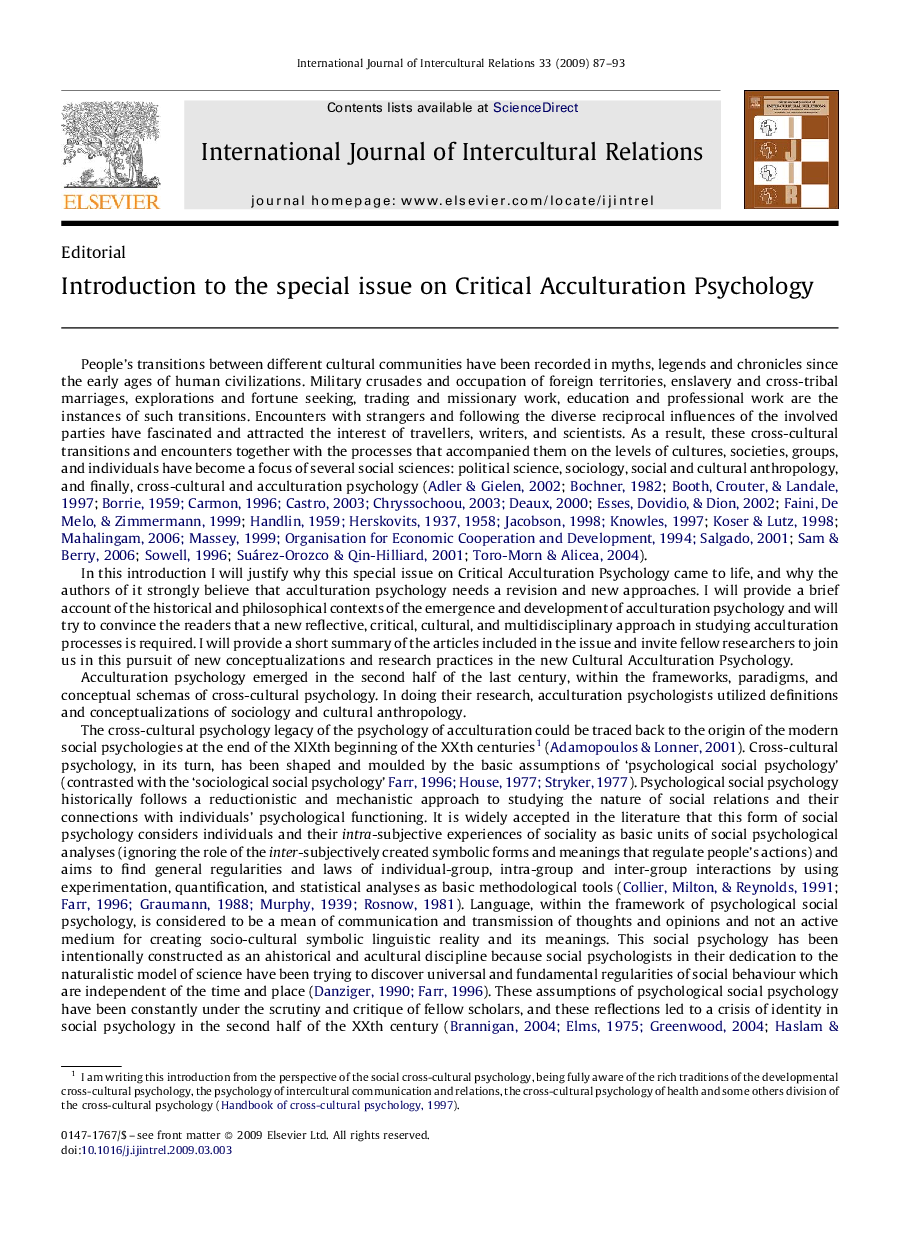 Introduction to the special issue on Critical Acculturation Psychology