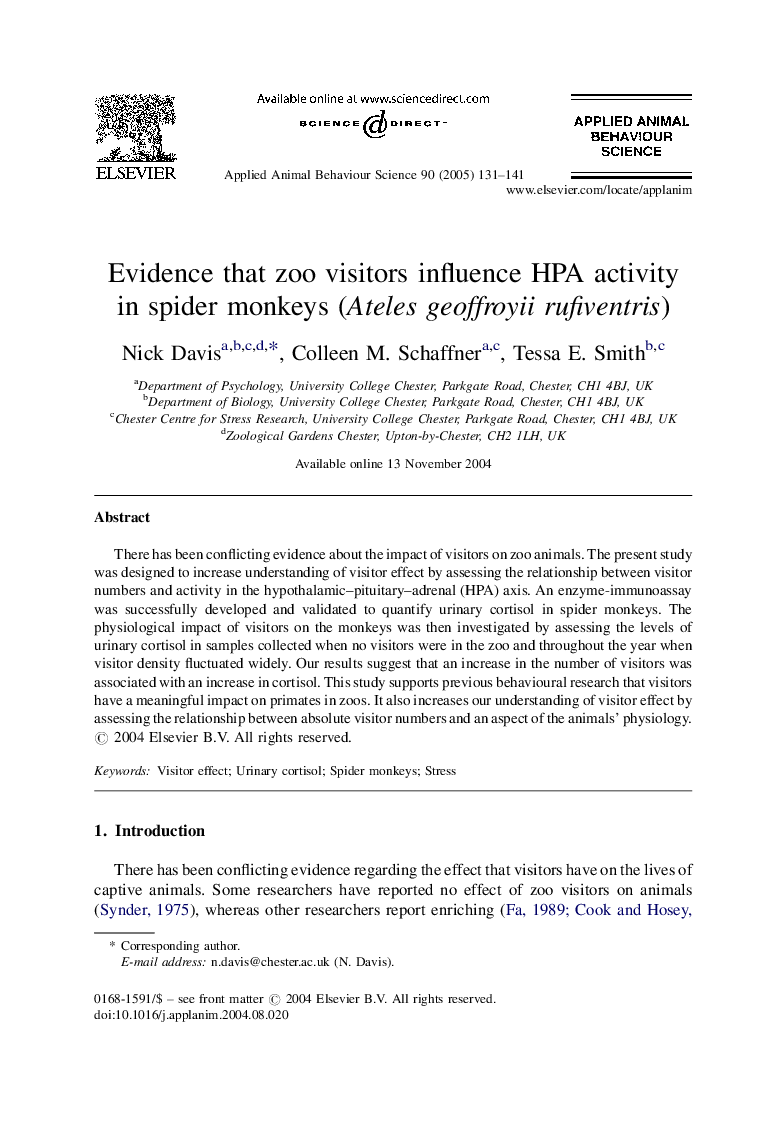 Evidence that zoo visitors influence HPA activity in spider monkeys (Ateles geoffroyii rufiventris)