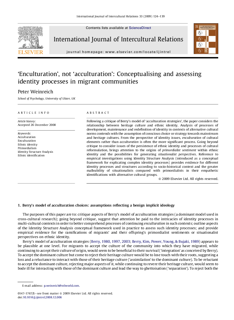 'Enculturation', not 'acculturation': Conceptualising and assessing identity processes in migrant communities