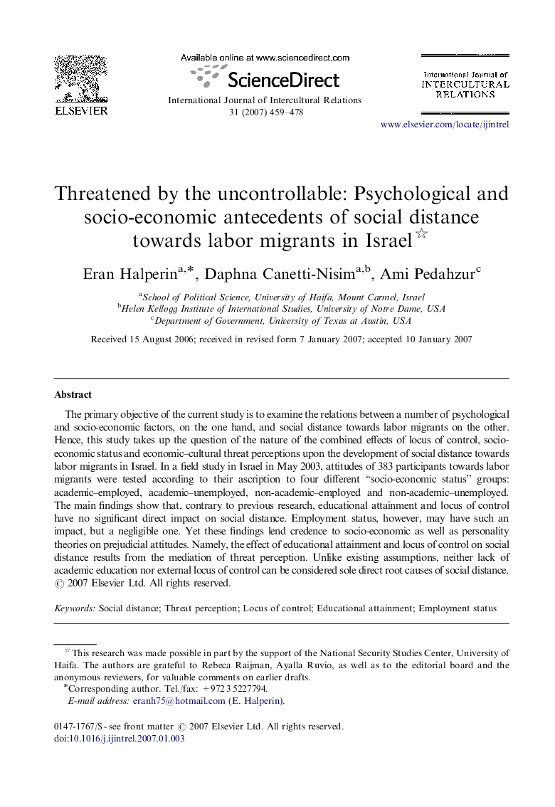 Threatened by the uncontrollable: Psychological and socio-economic antecedents of social distance towards labor migrants in Israel 