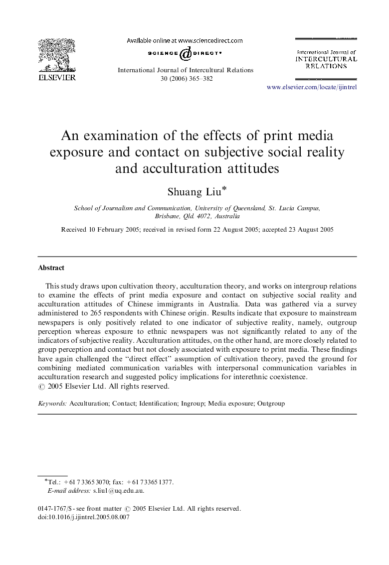 An examination of the effects of print media exposure and contact on subjective social reality and acculturation attitudes