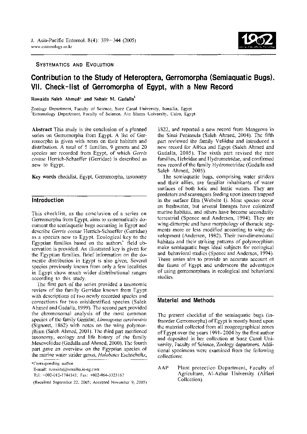 Contribution to the Study of Heteroptera, Gerromorpha (Semiaquatic Bugs). VII. Check-1ist of Gerromorpha of Egypt, with a New Record