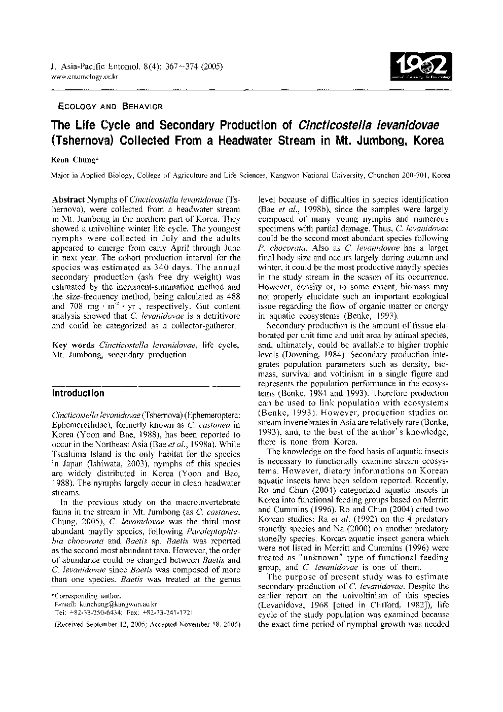 The Life Cycle and Secondary Production of Cincticostella levanidovae (Tsheirnova) Collected From a Headwater Stream in Mt. Jumbong, Korea