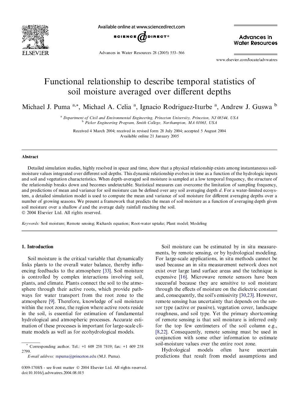 Functional relationship to describe temporal statistics of soil moisture averaged over different depths