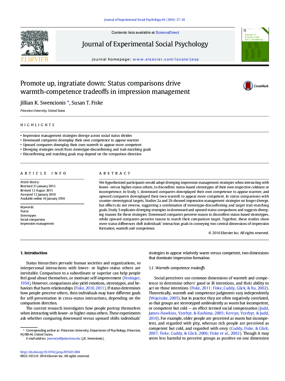 Promote up, ingratiate down: Status comparisons drive warmth-competence tradeoffs in impression management