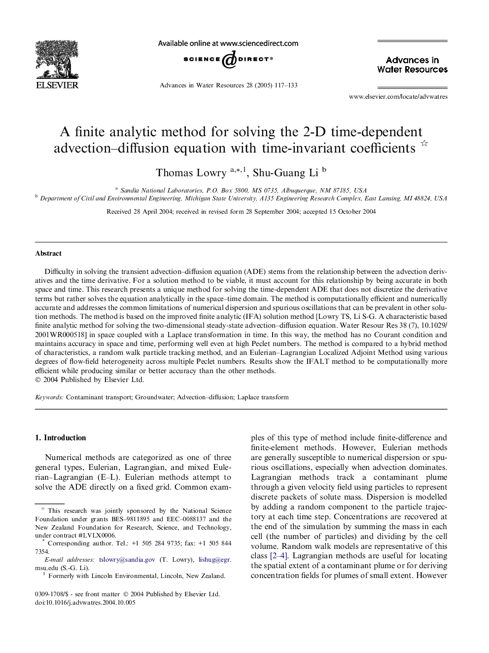 A finite analytic method for solving the 2-D time-dependent advection-diffusion equation with time-invariant coefficients