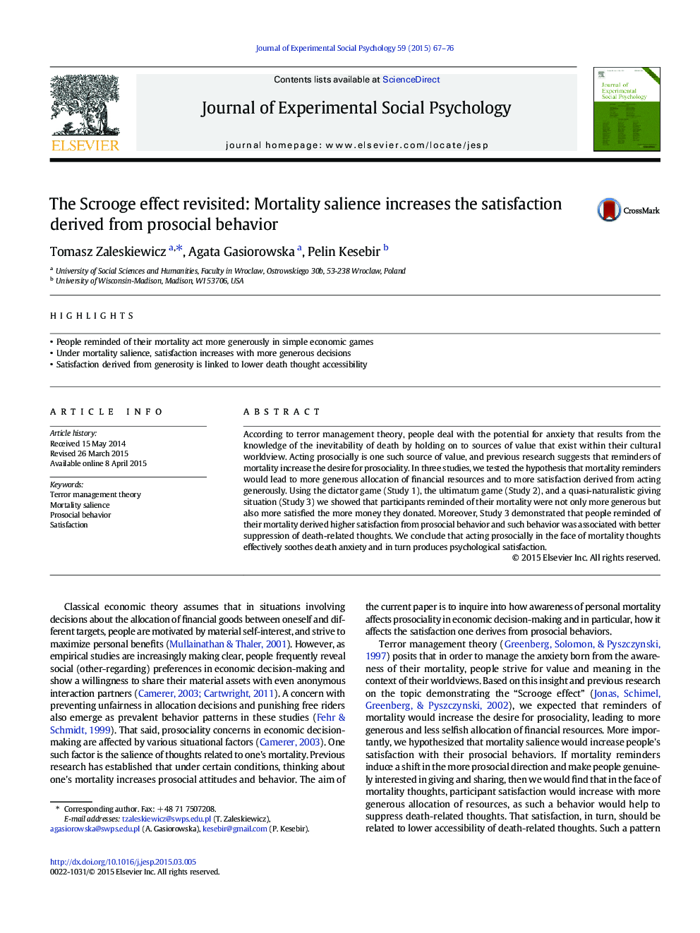 The Scrooge effect revisited: Mortality salience increases the satisfaction derived from prosocial behavior