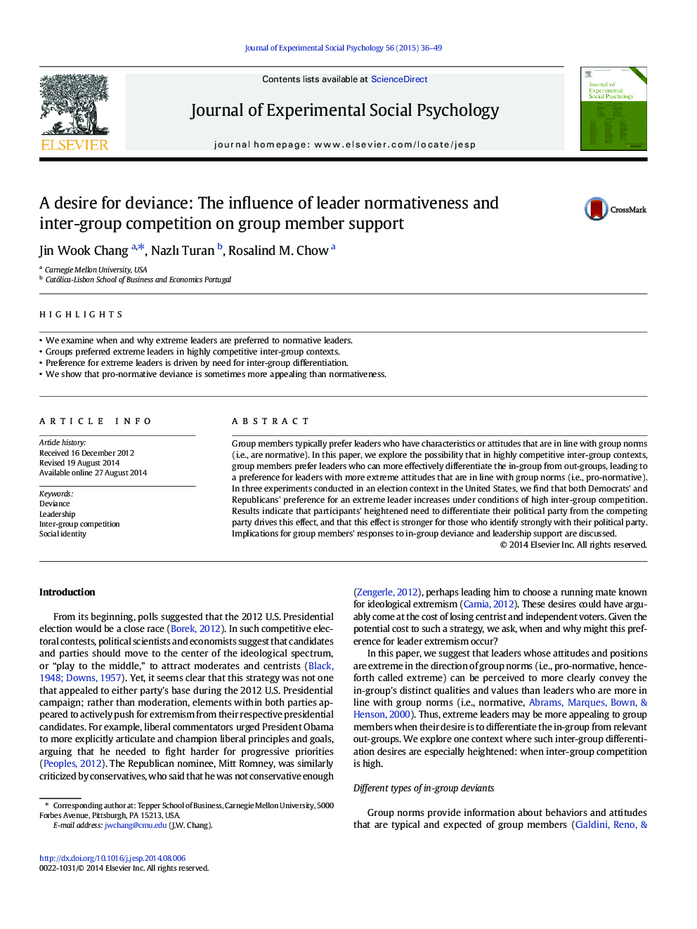 A desire for deviance: The influence of leader normativeness and inter-group competition on group member support