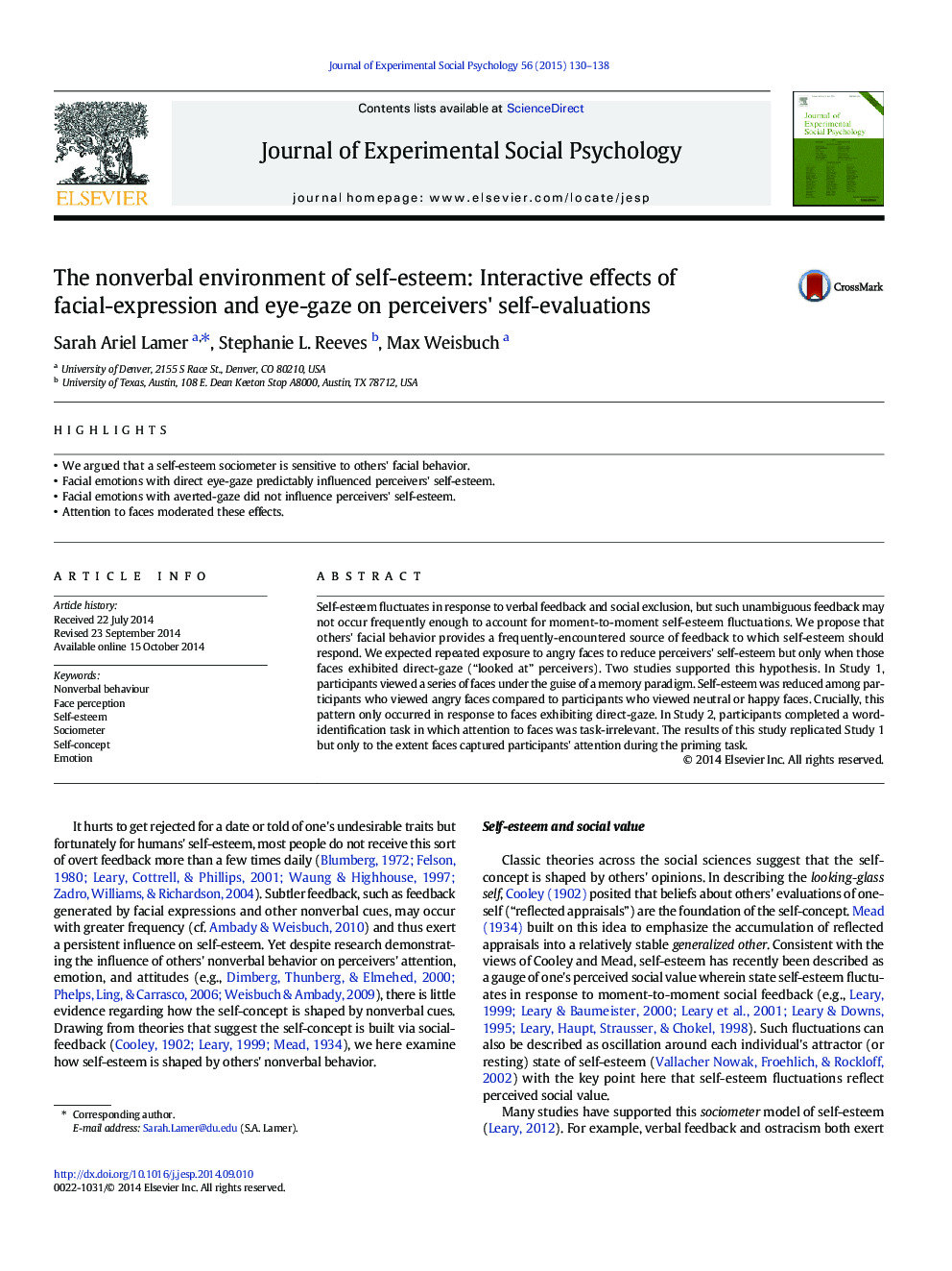 The nonverbal environment of self-esteem: Interactive effects of facial-expression and eye-gaze on perceivers' self-evaluations