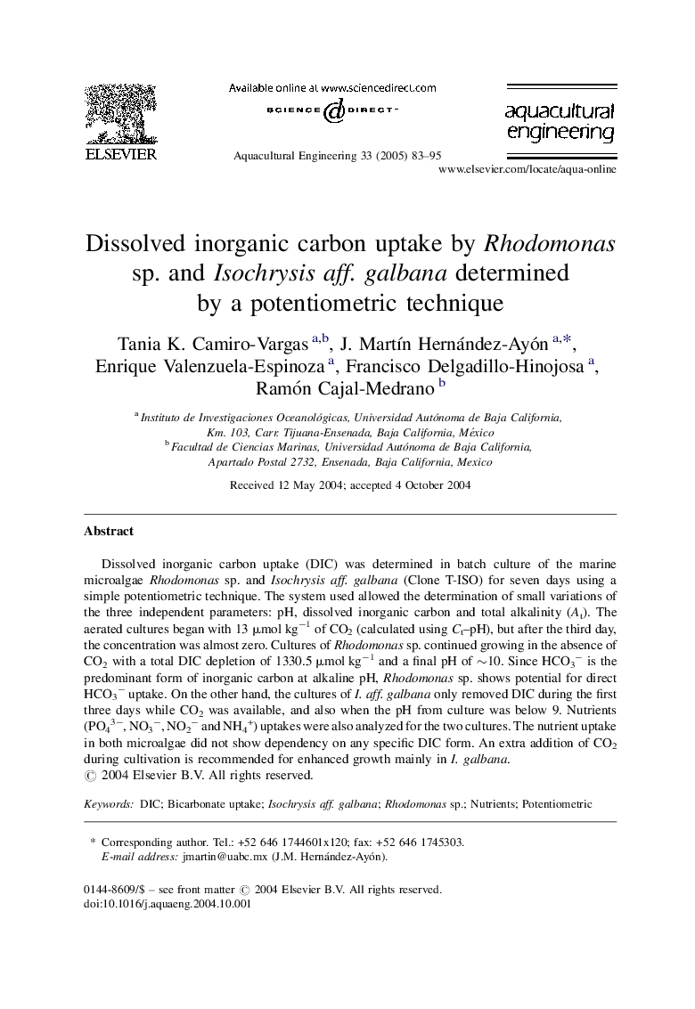 Dissolved inorganic carbon uptake by Rhodomonas sp. and Isochrysis aff. galbana determined by a potentiometric technique