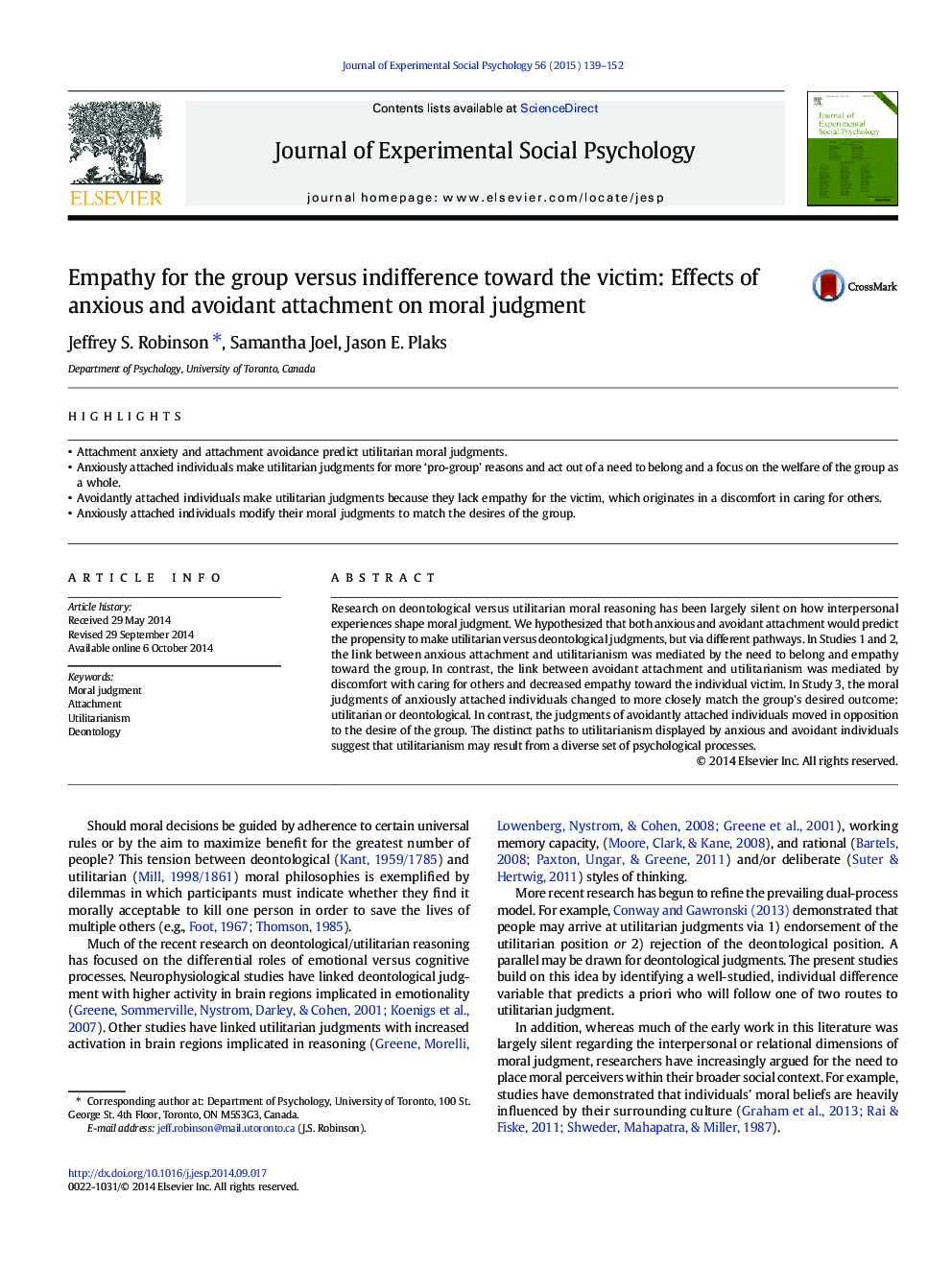 Empathy for the group versus indifference toward the victim: Effects of anxious and avoidant attachment on moral judgment