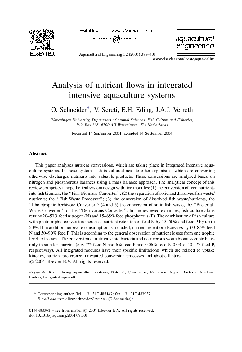 Analysis of nutrient flows in integrated intensive aquaculture systems