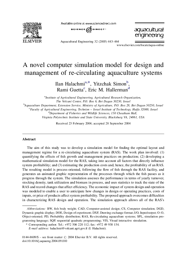 A novel computer simulation model for design and management of re-circulating aquaculture systems