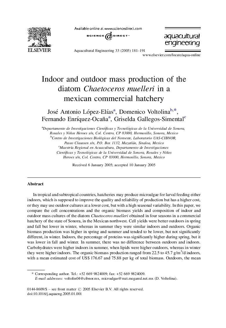 Indoor and outdoor mass production of the diatom Chaetoceros muelleri in a mexican commercial hatchery