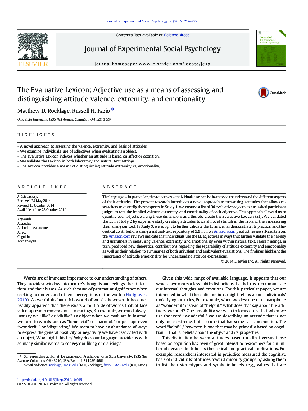 The Evaluative Lexicon: Adjective use as a means of assessing and distinguishing attitude valence, extremity, and emotionality