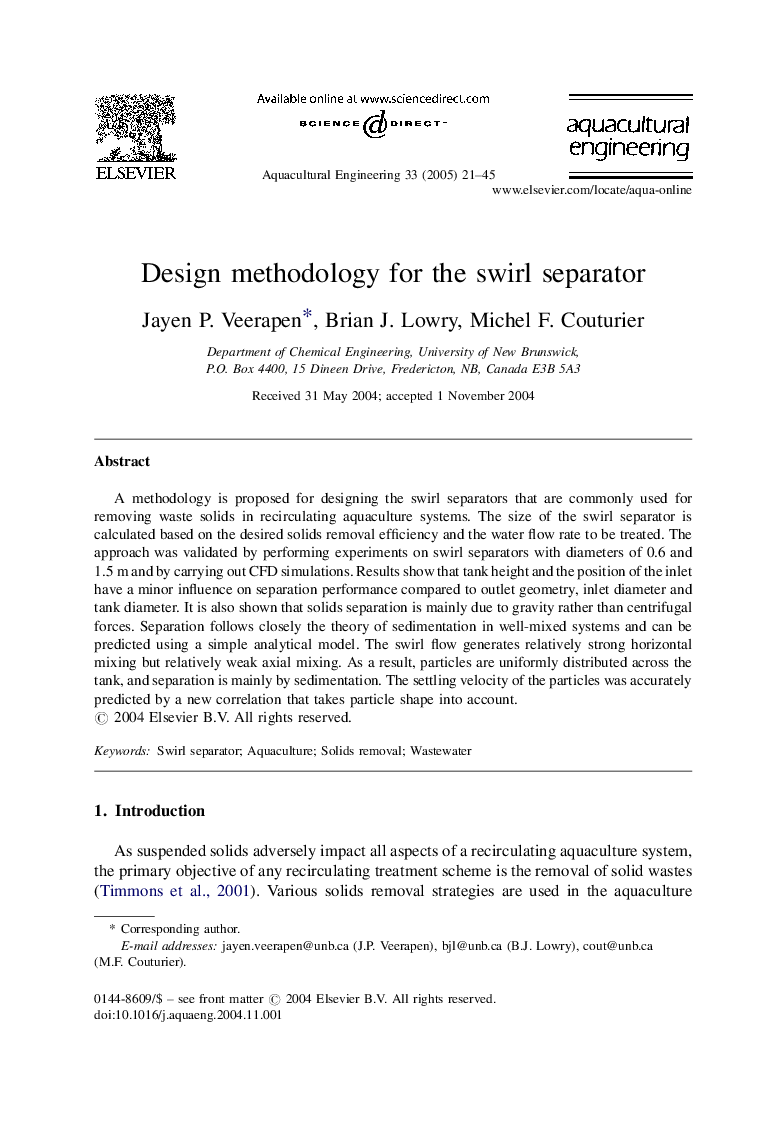 Design methodology for the swirl separator