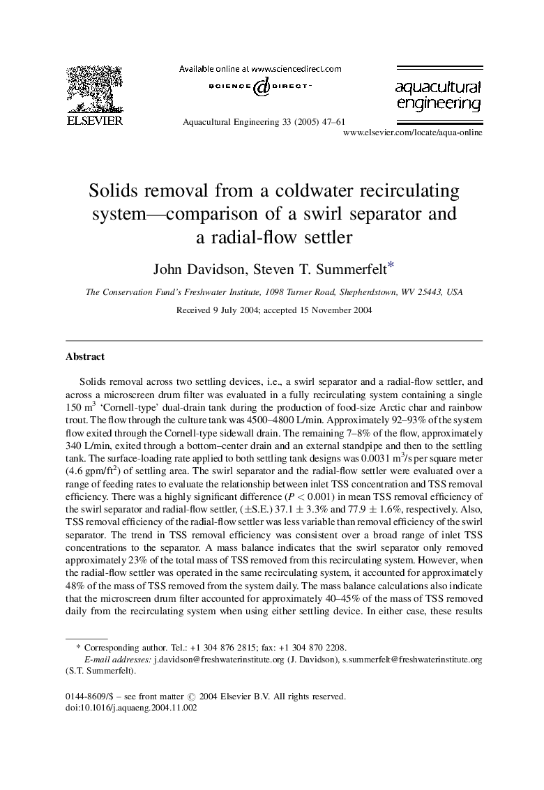 Solids removal from a coldwater recirculating system-comparison of a swirl separator and a radial-flow settler