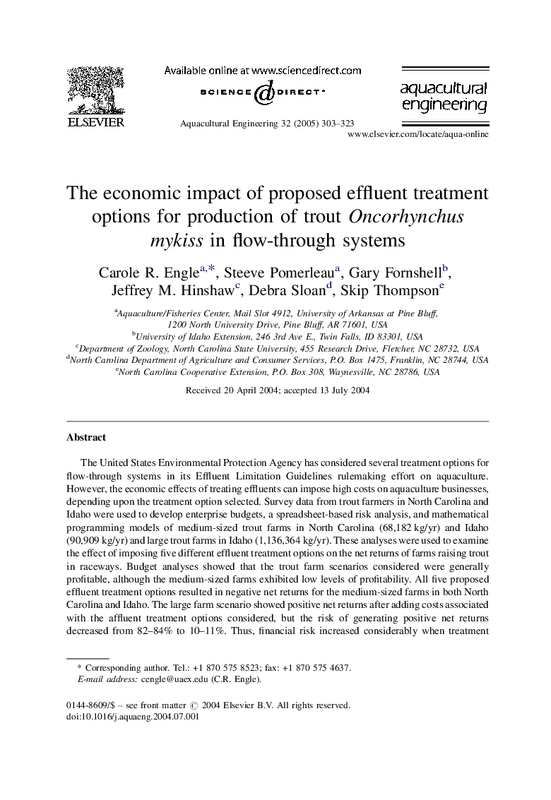 The economic impact of proposed effluent treatment options for production of trout Oncorhynchus mykiss in flow-through systems