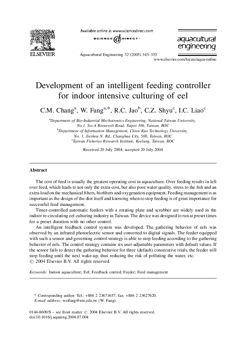 Development of an intelligent feeding controller for indoor intensive culturing of eel