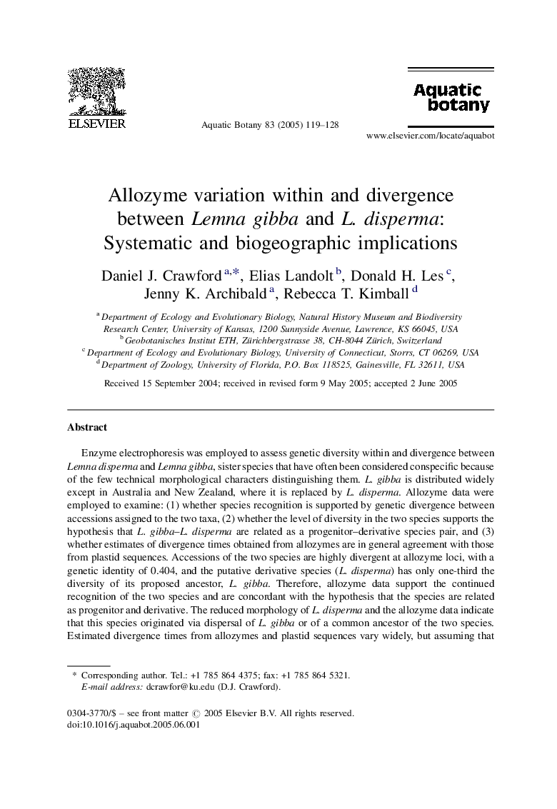 Allozyme variation within and divergence between Lemna gibba and L. disperma: Systematic and biogeographic implications