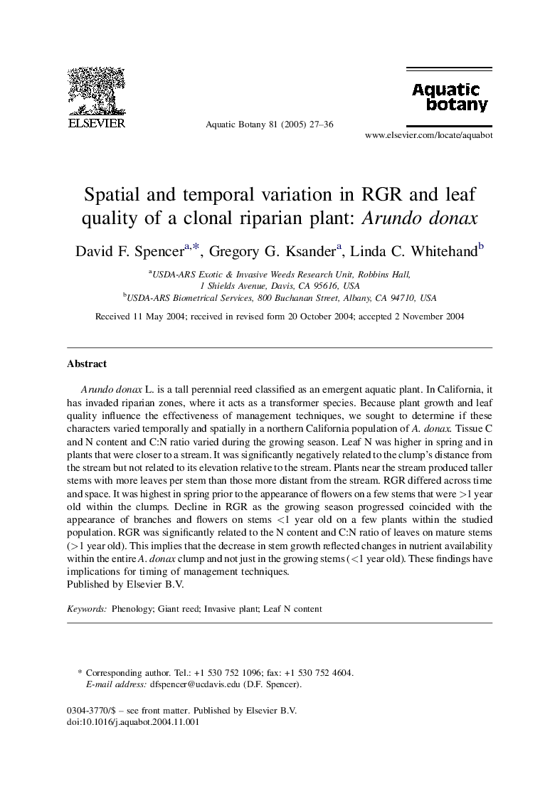 Spatial and temporal variation in RGR and leaf quality of a clonal riparian plant: Arundo donax