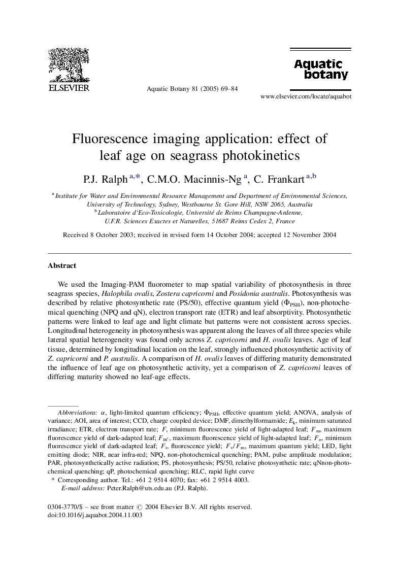 Fluorescence imaging application: effect of leaf age on seagrass photokinetics