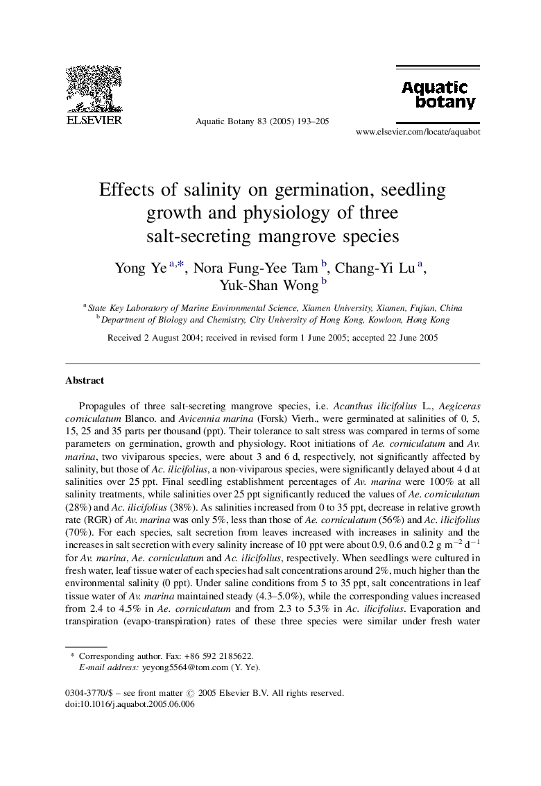 Effects of salinity on germination, seedling growth and physiology of three salt-secreting mangrove species
