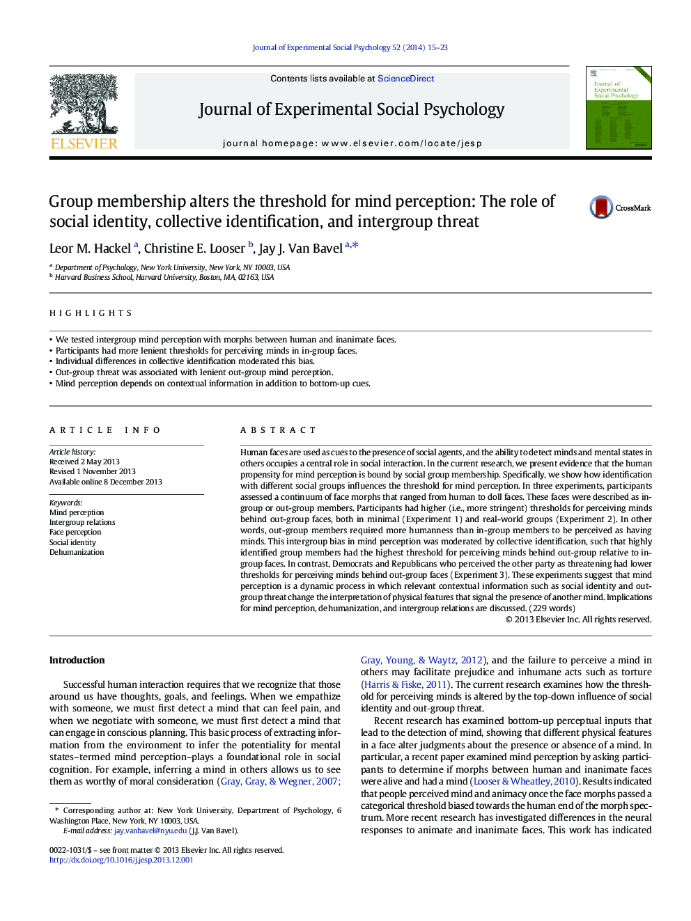 Group membership alters the threshold for mind perception: The role of social identity, collective identification, and intergroup threat