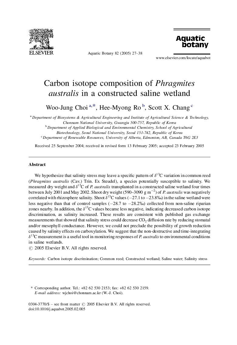 Carbon isotope composition of Phragmites australis in a constructed saline wetland