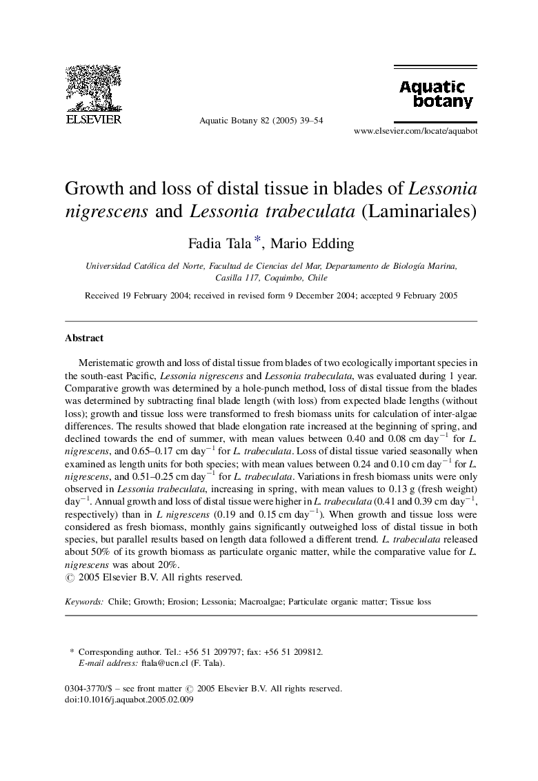 Growth and loss of distal tissue in blades of Lessonia nigrescens and Lessonia trabeculata (Laminariales)