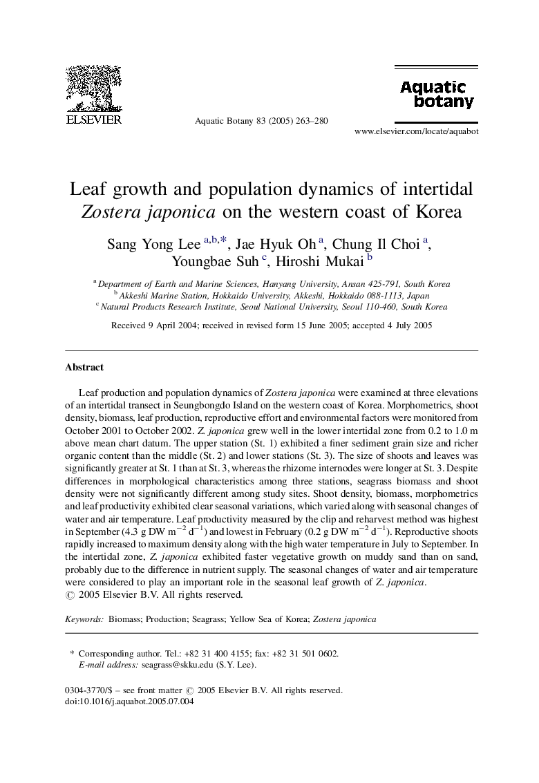 Leaf growth and population dynamics of intertidal Zostera japonica on the western coast of Korea