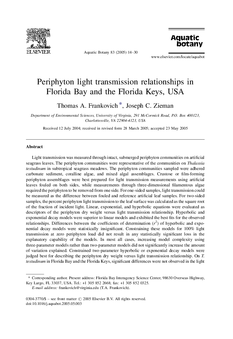 Periphyton light transmission relationships in Florida Bay and the Florida Keys, USA