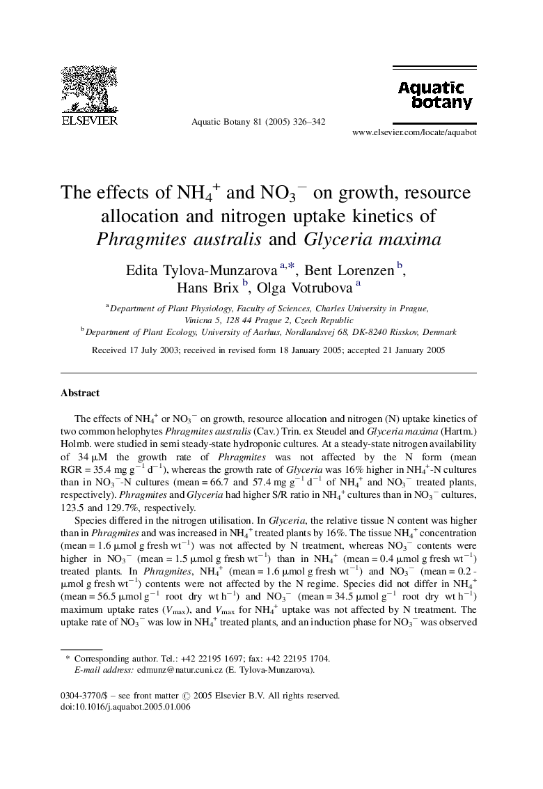 The effects of NH4+ and NO3â on growth, resource allocation and nitrogen uptake kinetics of Phragmites australis and Glyceria maxima