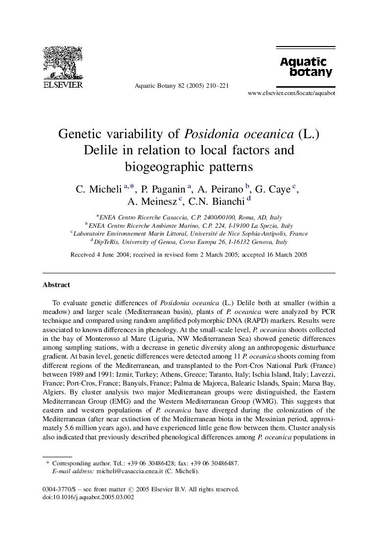 Genetic variability of Posidonia oceanica (L.) Delile in relation to local factors and biogeographic patterns