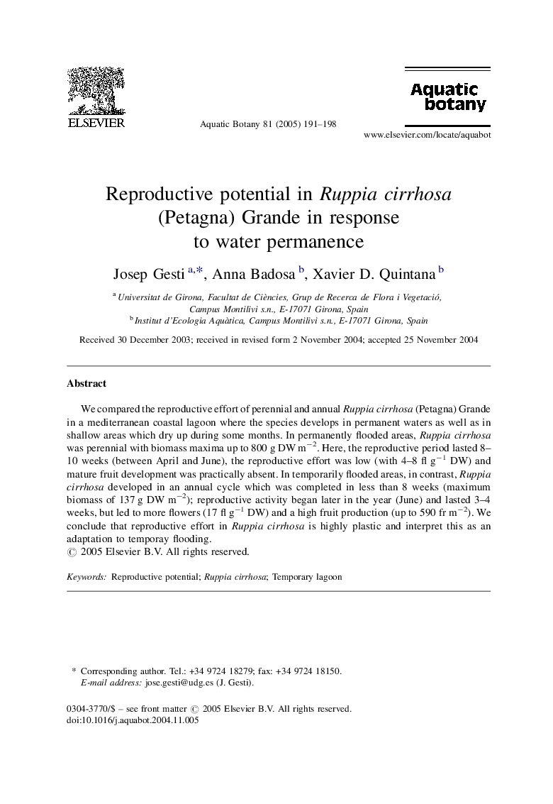 Reproductive potential in Ruppia cirrhosa (Petagna) Grande in response to water permanence