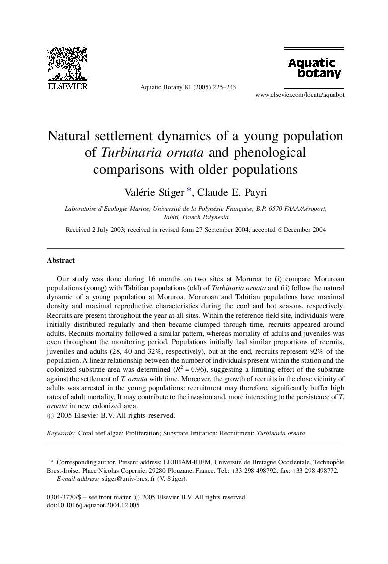 Natural settlement dynamics of a young population of Turbinaria ornata and phenological comparisons with older populations