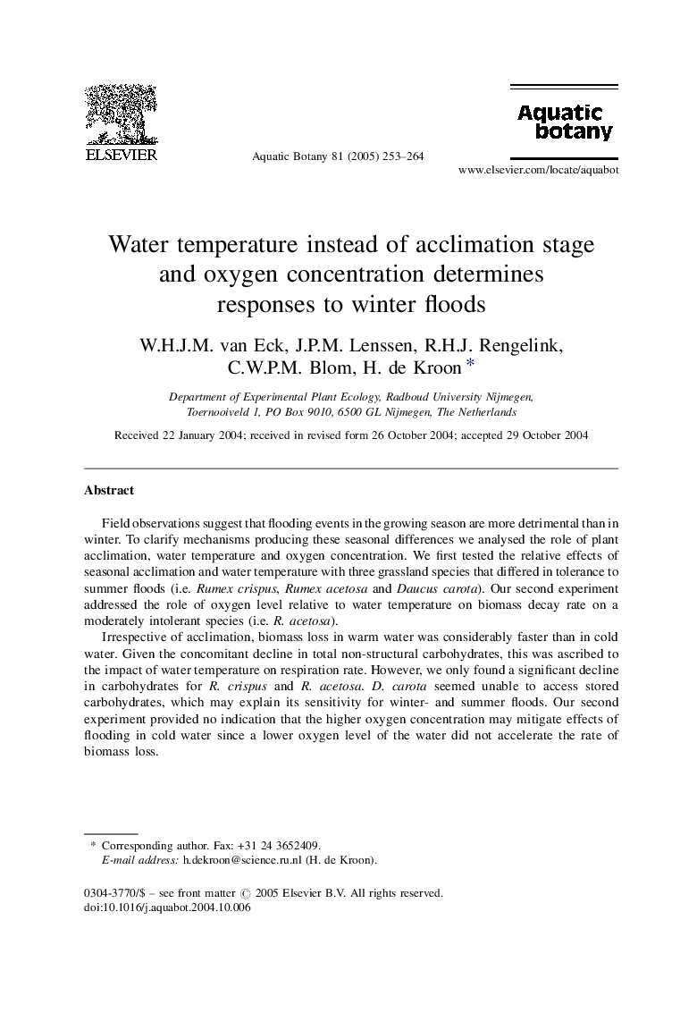 Water temperature instead of acclimation stage and oxygen concentration determines responses to winter floods