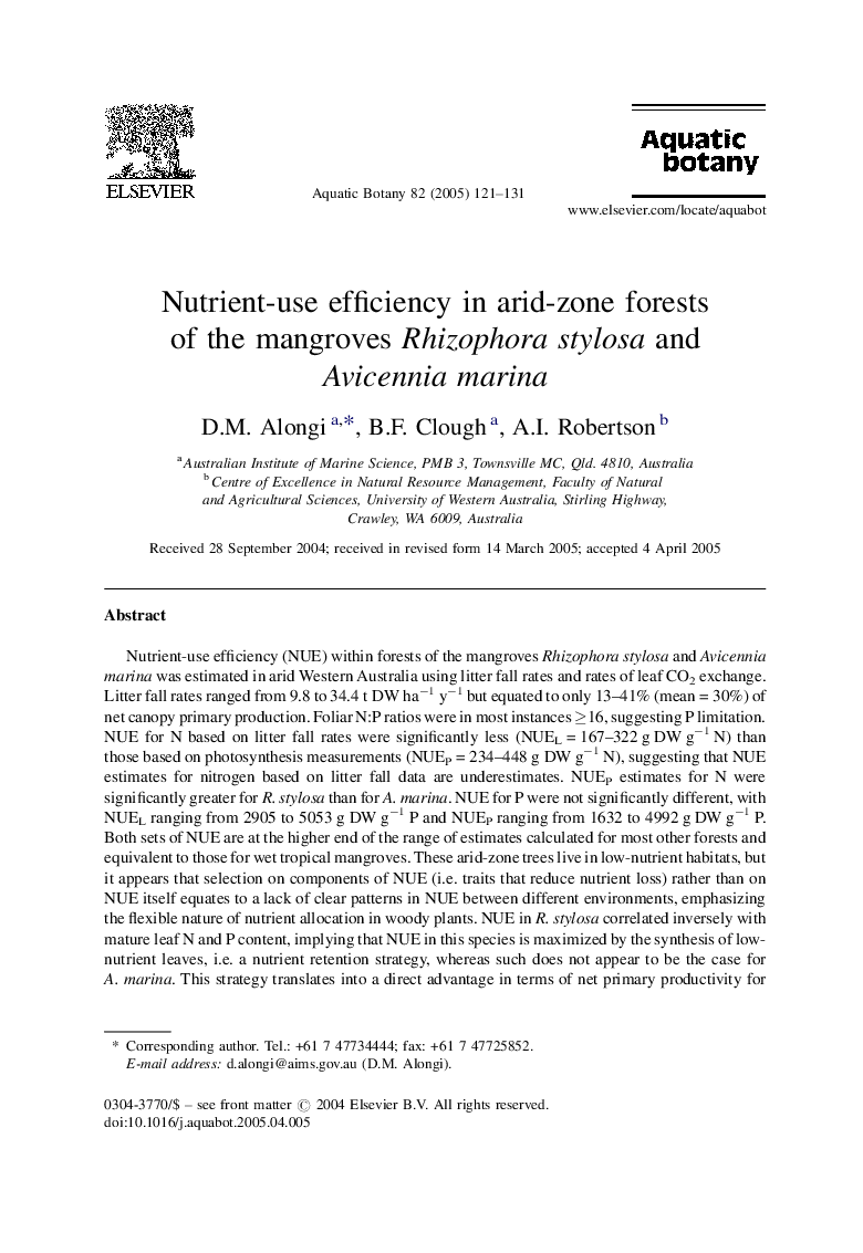 Nutrient-use efficiency in arid-zone forests of the mangroves Rhizophora stylosa and Avicennia marina