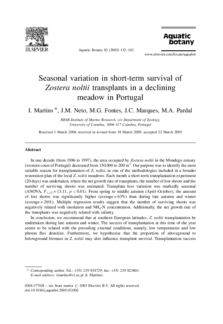 Seasonal variation in short-term survival of Zostera noltii transplants in a declining meadow in Portugal