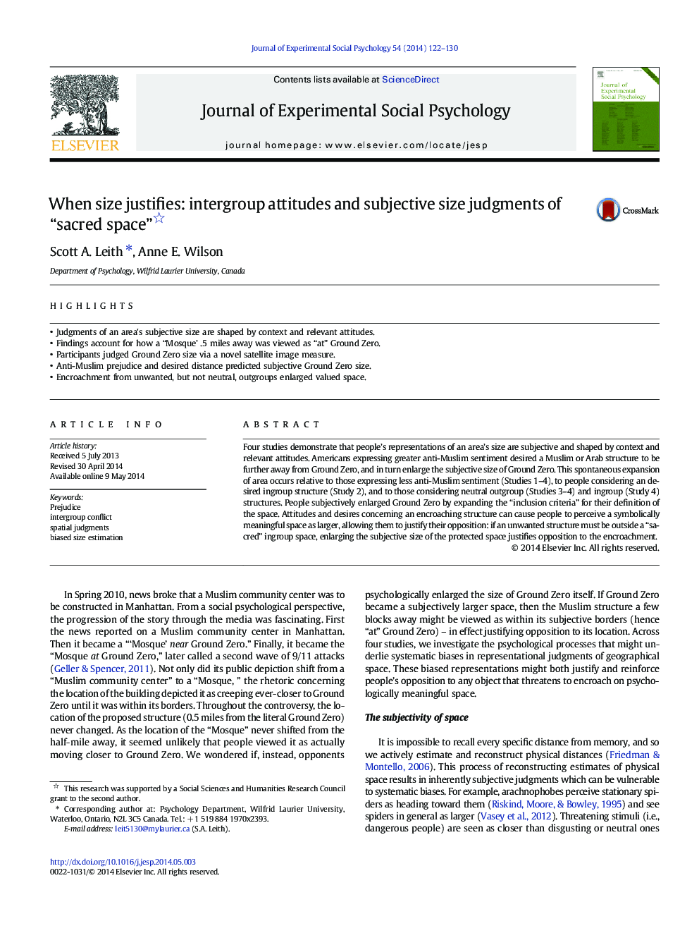 When size justifies: intergroup attitudes and subjective size judgments of “sacred space” 