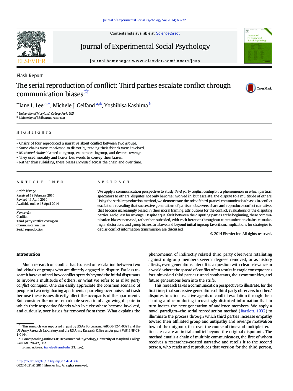 The serial reproduction of conflict: Third parties escalate conflict through communication biases 