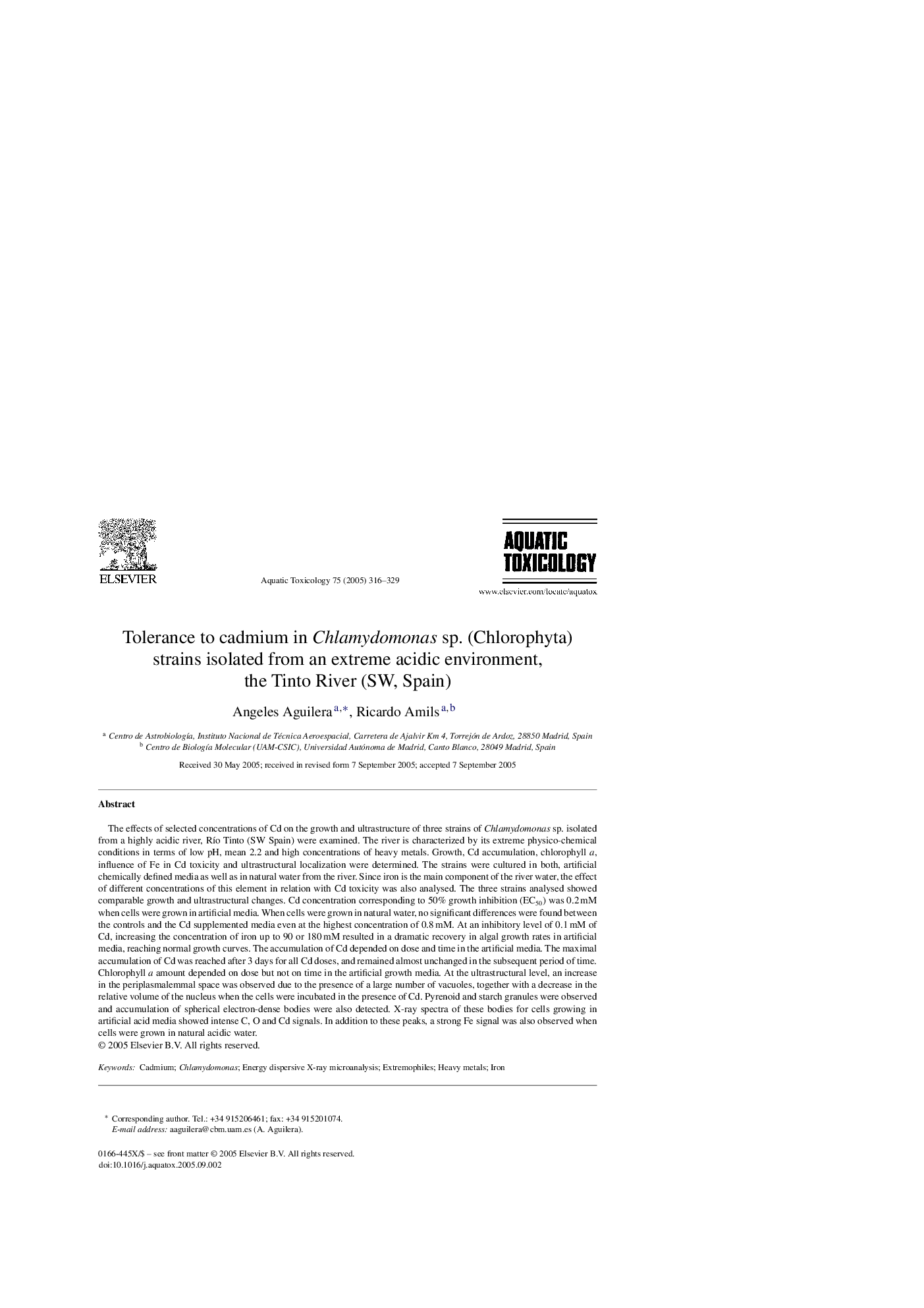 Tolerance to cadmium in Chlamydomonas sp. (Chlorophyta) strains isolated from an extreme acidic environment, the Tinto River (SW, Spain)