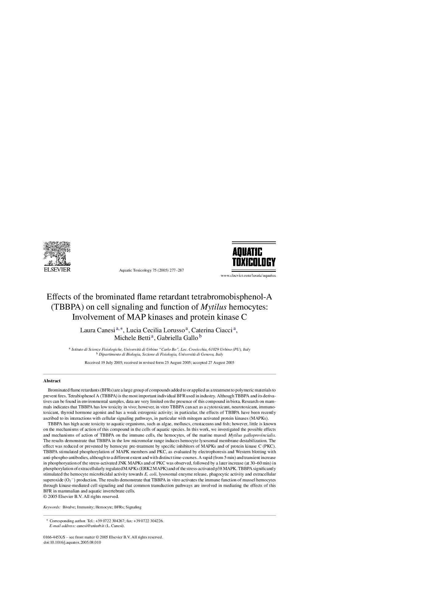 Effects of the brominated flame retardant tetrabromobisphenol-A (TBBPA) on cell signaling and function of Mytilus hemocytes: Involvement of MAP kinases and protein kinase C